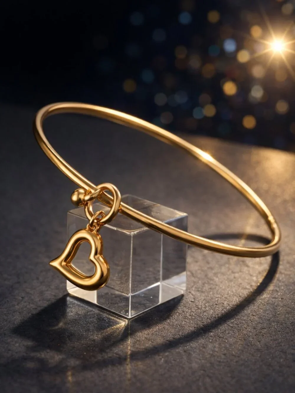 Hollow Heart Charm Bangle Dainty Bracelet 18K Gold Plated 316L Stainless Steel - Picture 5 of 11